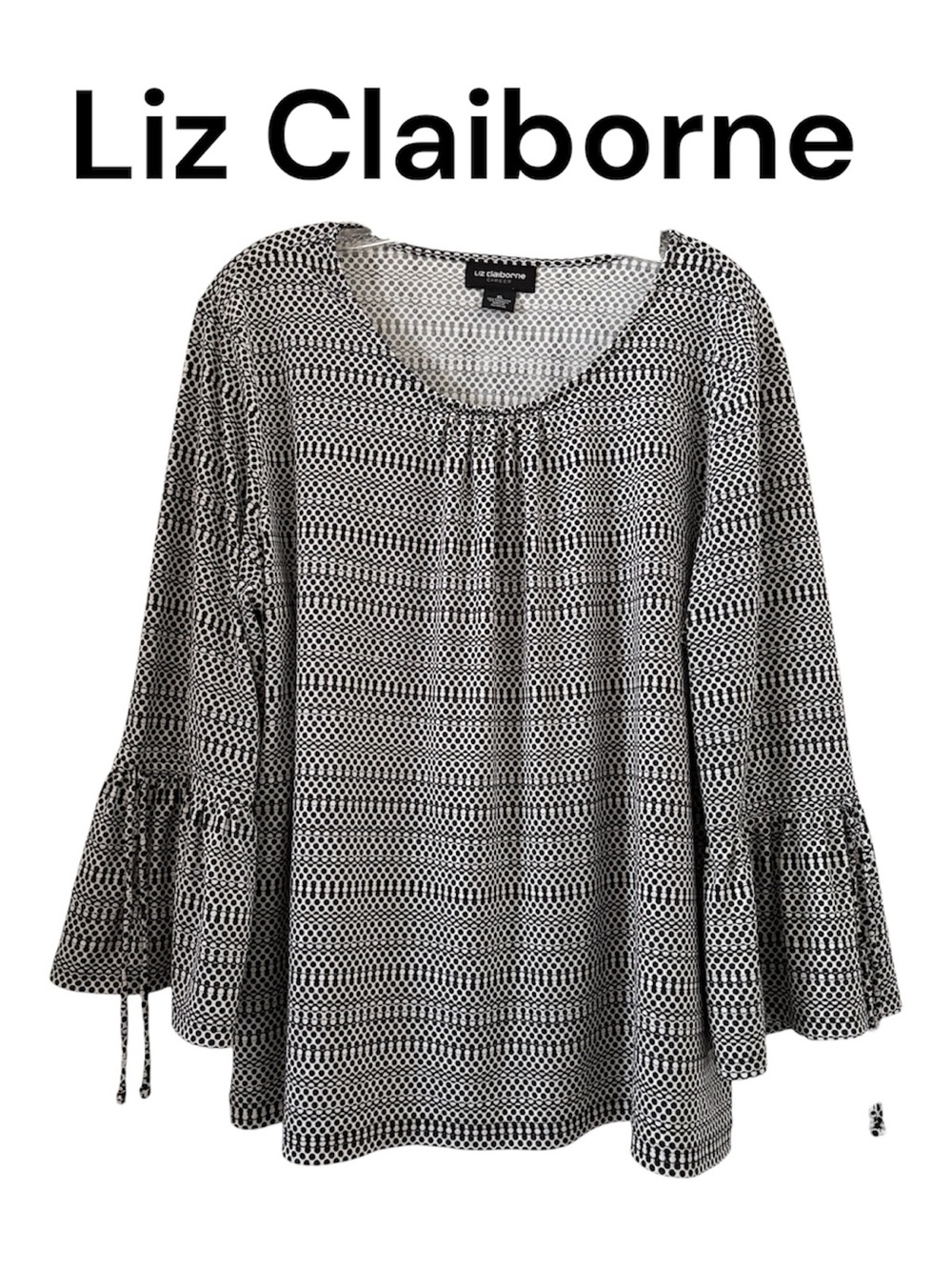 Liz Claiborne Black & White Geometric Bell Sleeve Blouse XL